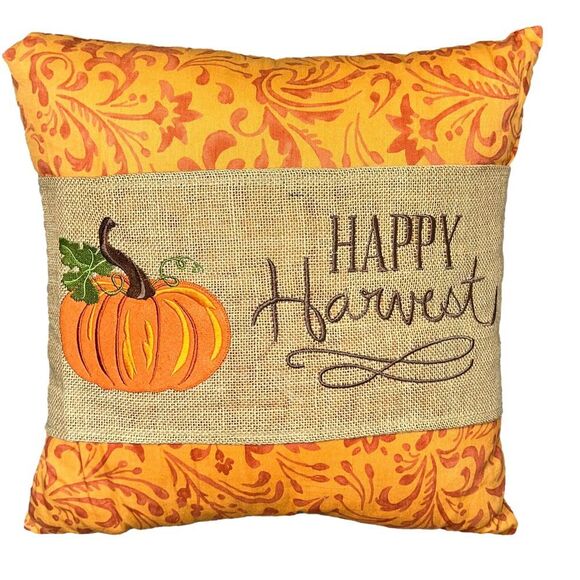 Happy Harvest Decorative Pillow, 17 x 17 inches, Burlap Wrap, Orange Floral - Picture 1 of 2